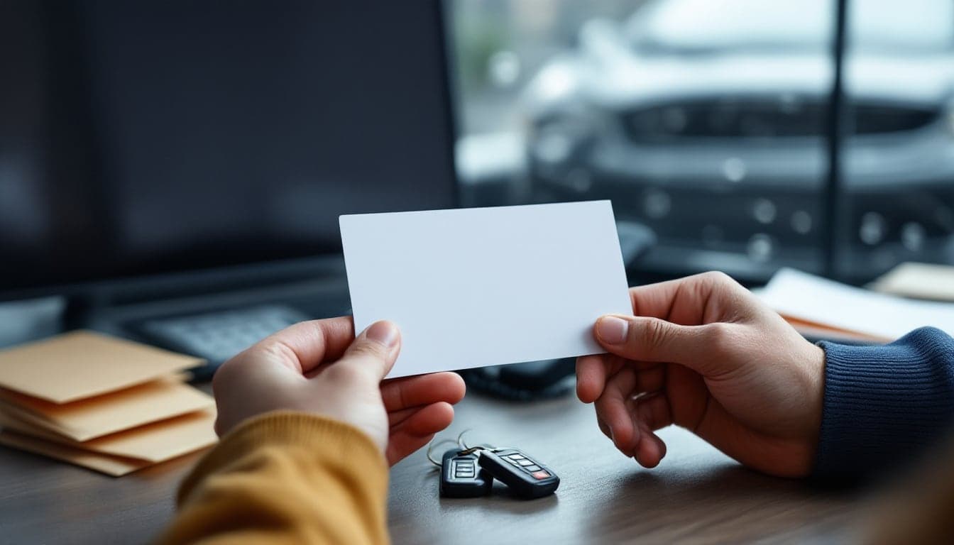 Car keys and a plain folder of policy paperwork on an office desk beside a laptop, with a parked sedan visible through the window