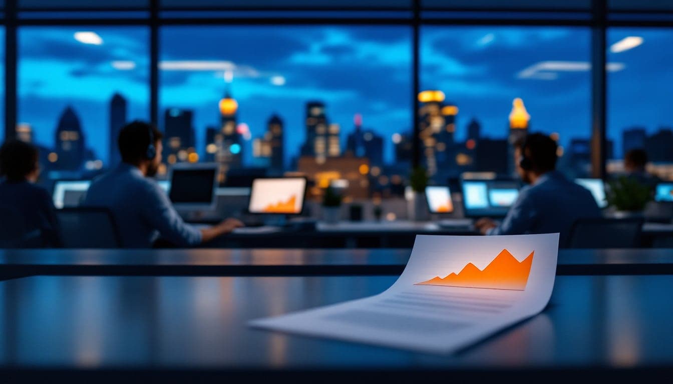 Loan-servicing operations floor at dusk with agents at headsets and a rising, unlabeled line chart on a desk