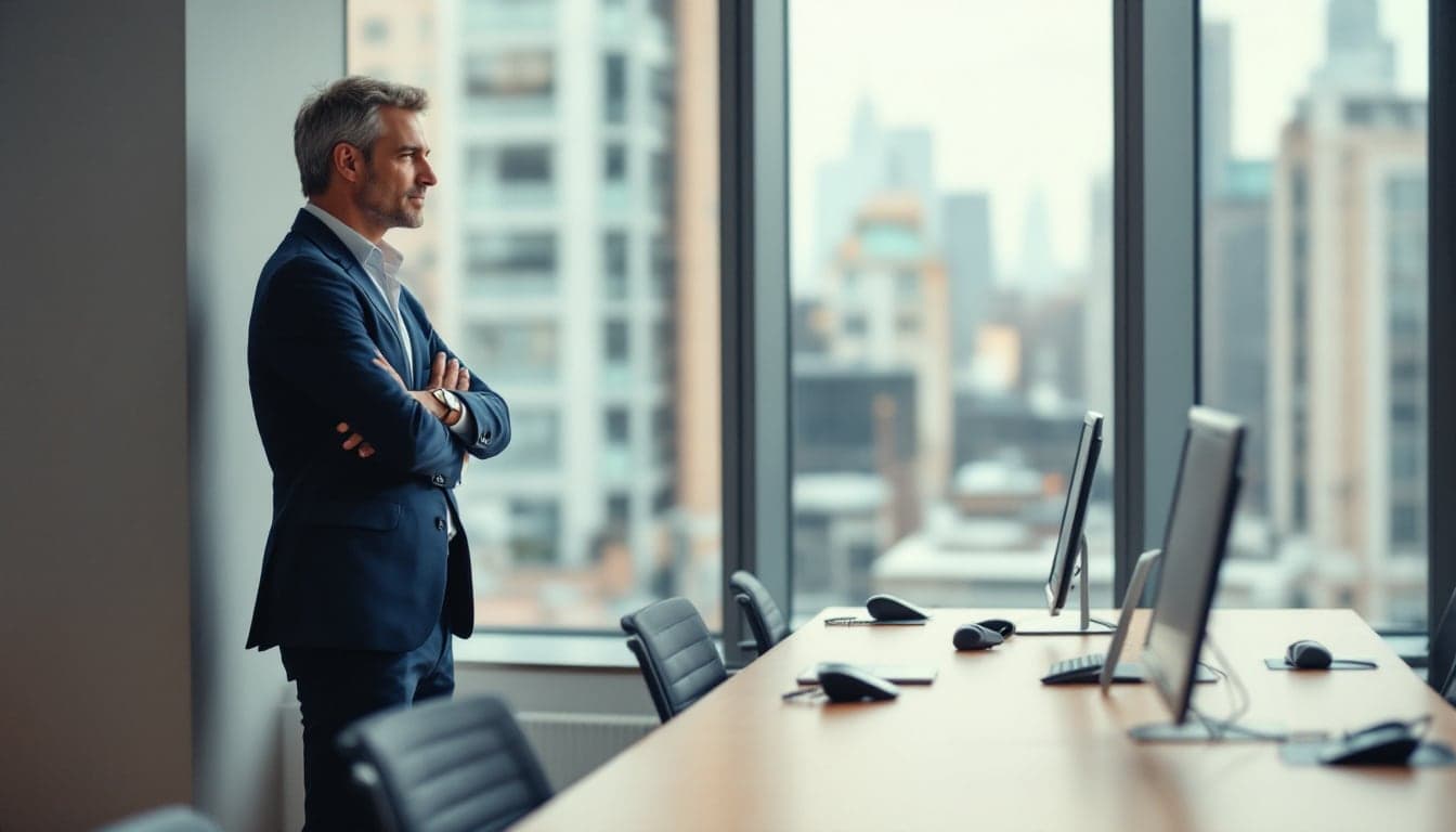 An operations director standing at an office window looking across a row of empty desks and vacant chairs