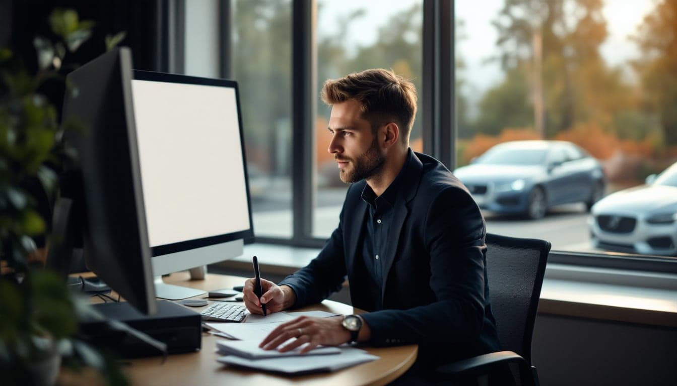 A servicing manager at a lender's desk reviewing an unlabeled account timeline on a blank monitor with a desk phone beside it
