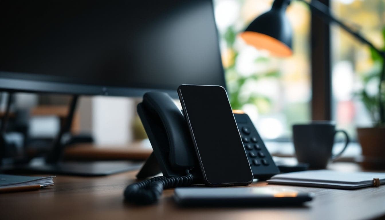 A desk telephone with the handset in its cradle beside a mobile phone with a blank screen on a quiet office desk