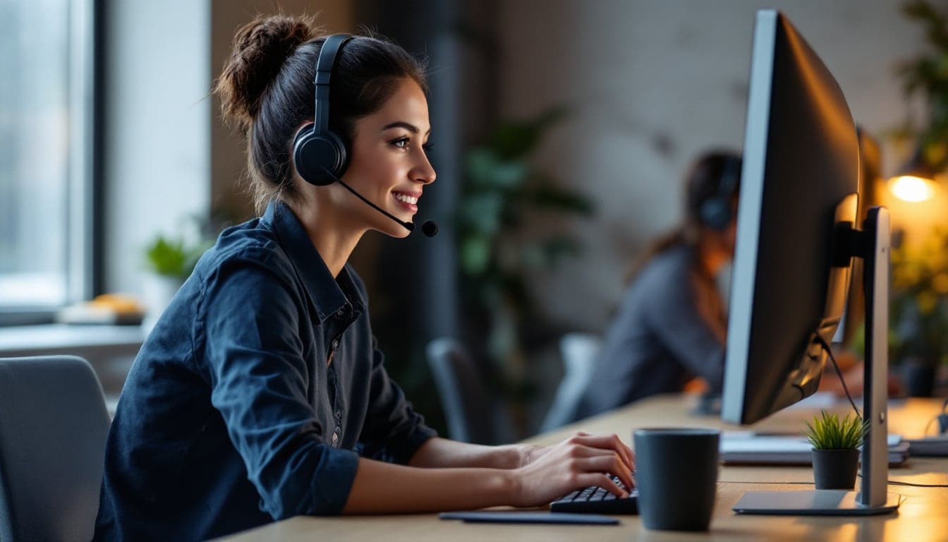 A bilingual servicing agent with a headset at a workstation with a blank monitor, speaking with a borrower