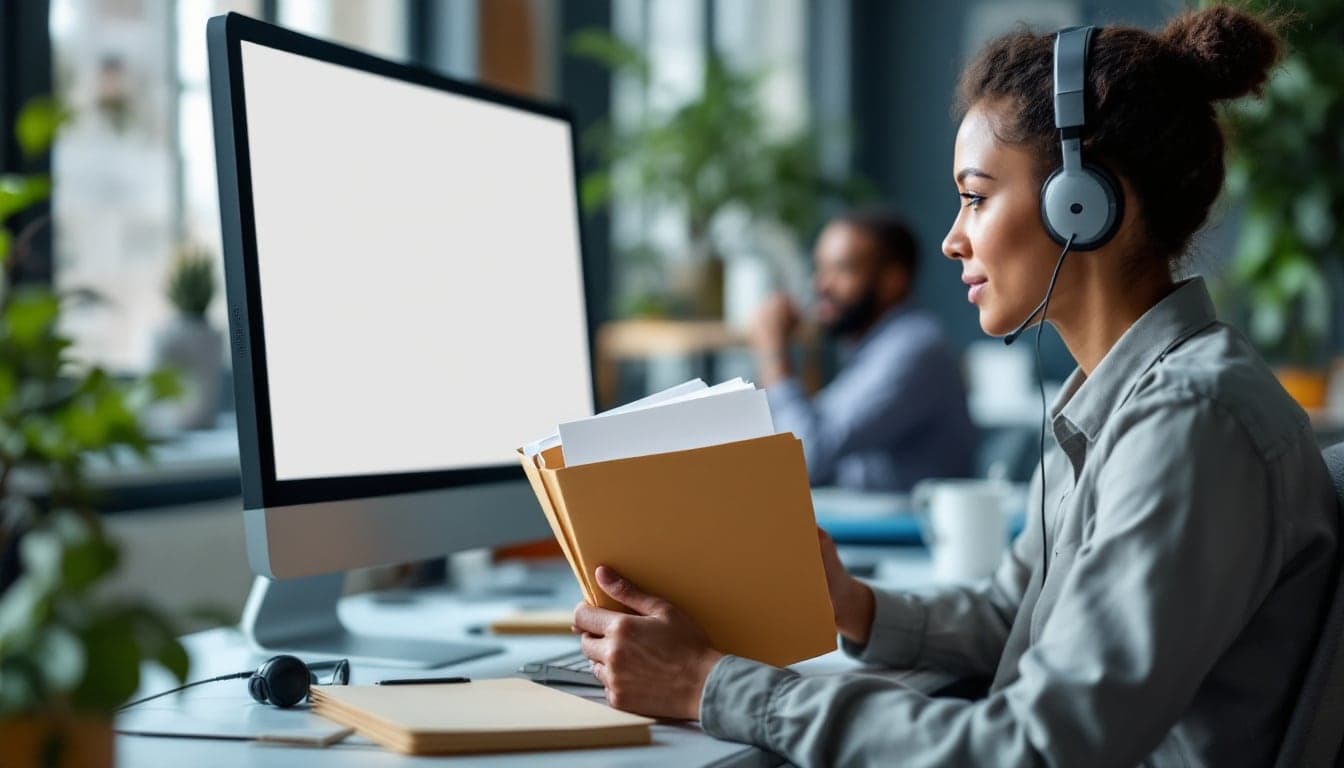 A collections analyst reviewing an unlabeled account record on a blank monitor beside a stack of plain folders
