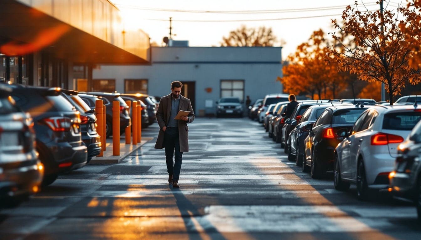 Man in a coat walking between rows of parked cars on a lot, reading from a folder, in low golden light