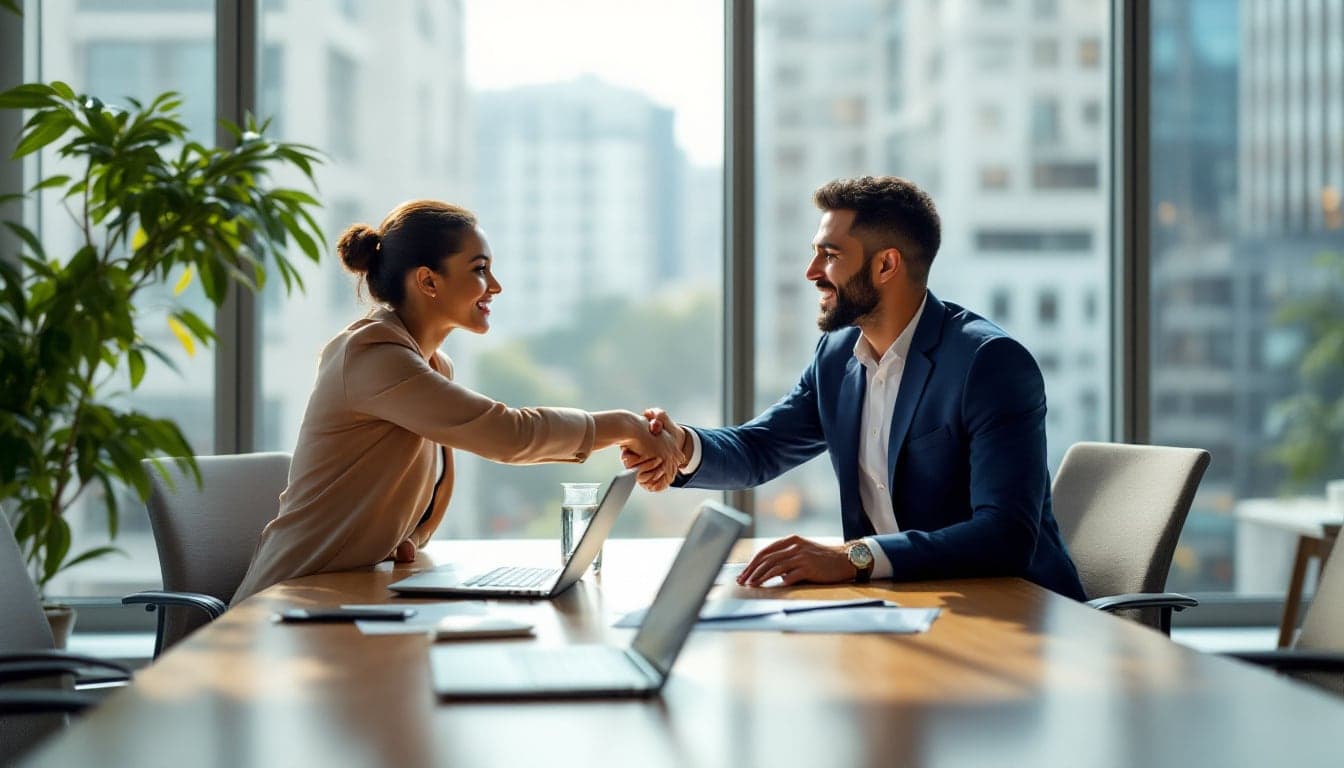 Two people shaking hands across a conference table in a glass-walled meeting room