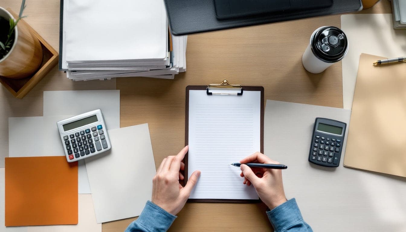 Desk seen from above: hands writing on a clipboard beside stacked papers, folders and two calculators