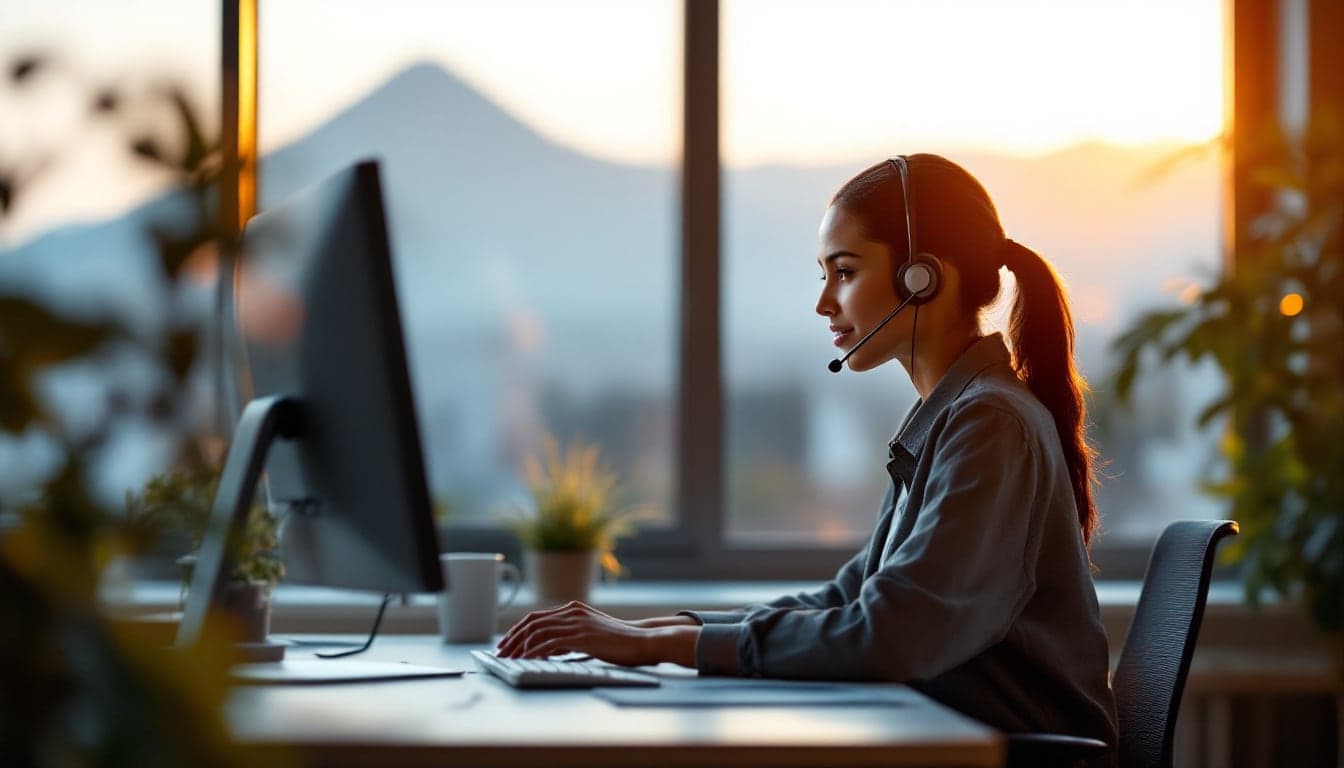 Customer service agent with a headset at a workstation, a mountain silhouette at sunset through the window behind