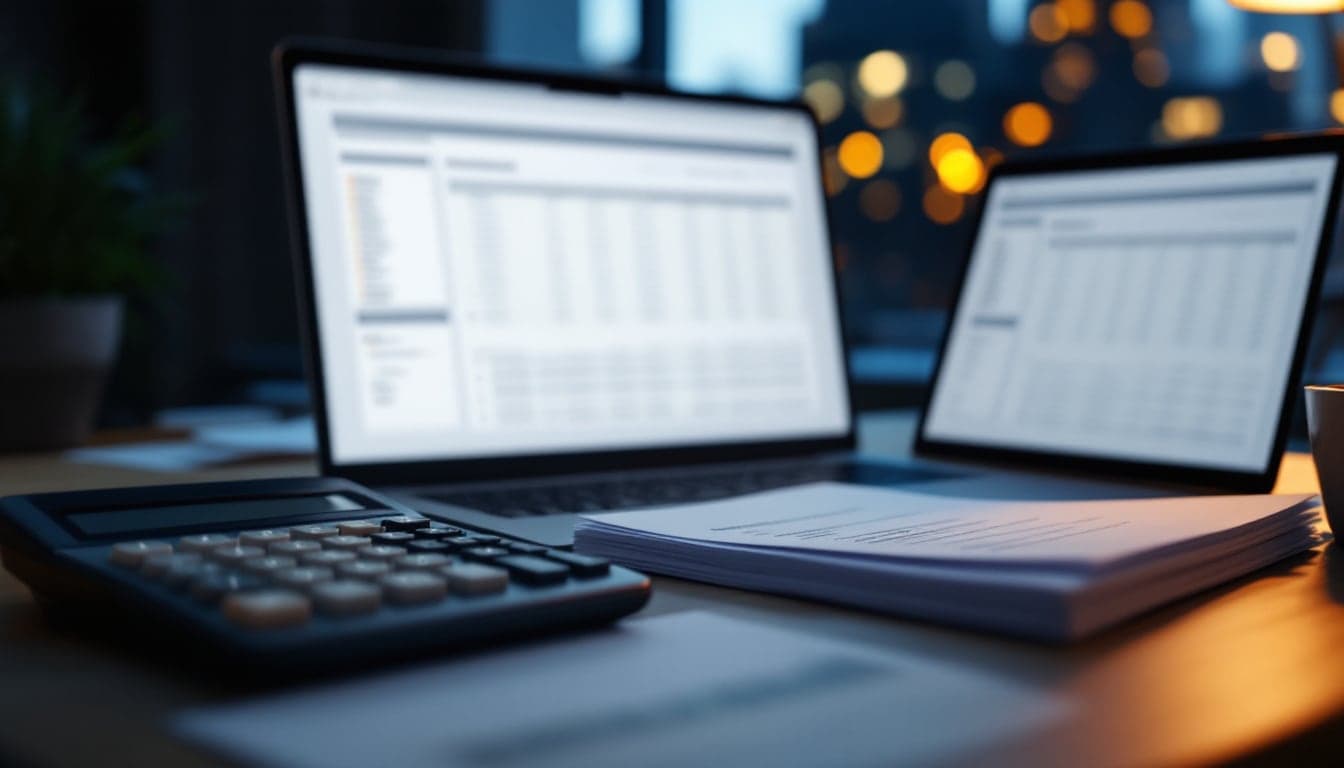 Two managers at a wooden conference table comparing two printed proposals laid side by side, a calculator between them, an operations floor softly out of focus through the glass behind