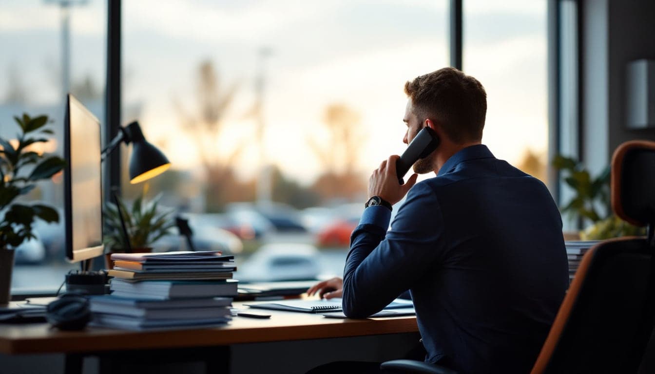 Man on a phone call at a desk with stacked folders, cars visible through the window behind him in late afternoon light