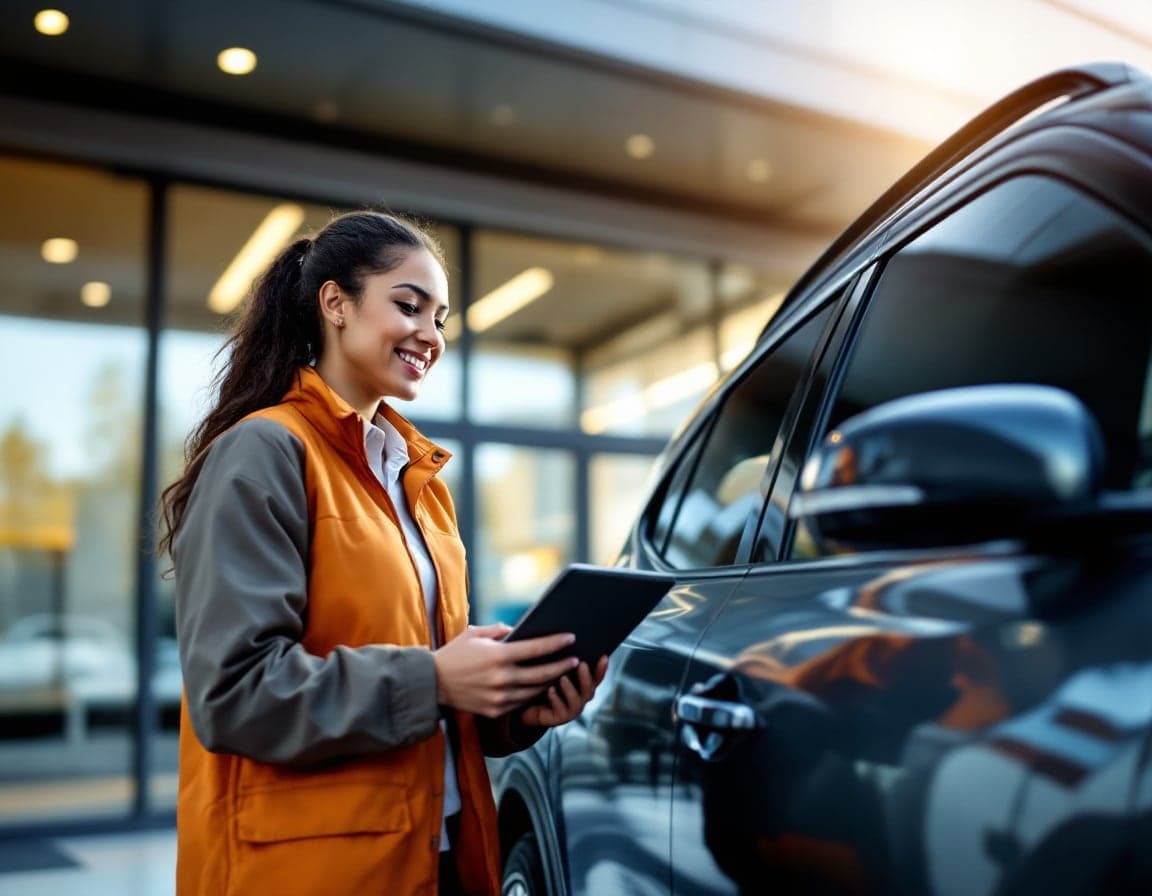 A smiling woman in an orange vest holding a tablet beside a dark SUV outside a glass-fronted building