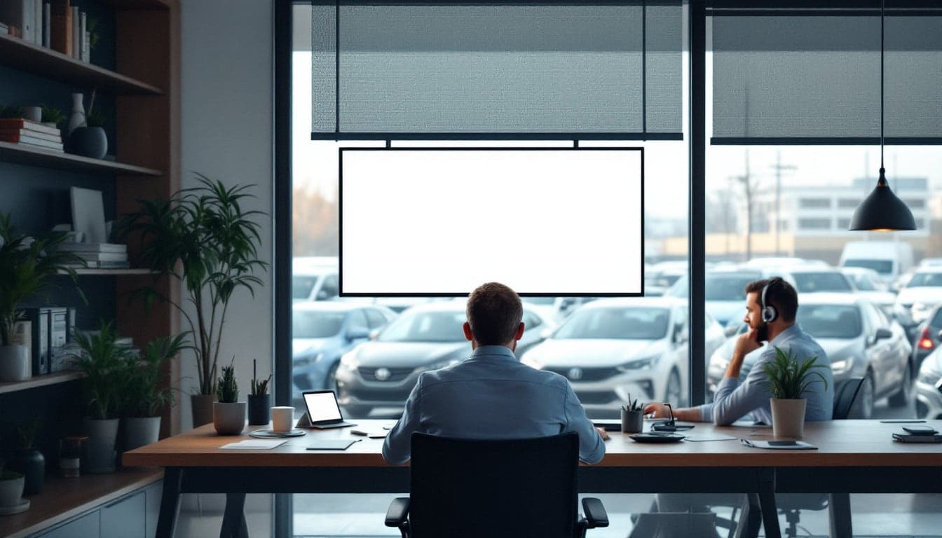 Dealer principal at a desk with two stacks of account folders, looking through an interior window at two headset-wearing agents, used cars visible beyond the far glass in warm evening light