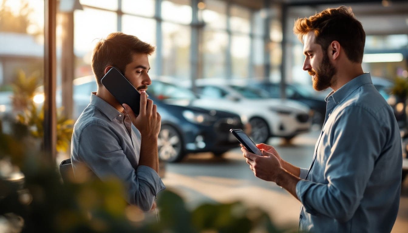 Two men in a car showroom, one on a phone call and the other checking a mobile device, with vehicles in soft focus behind them