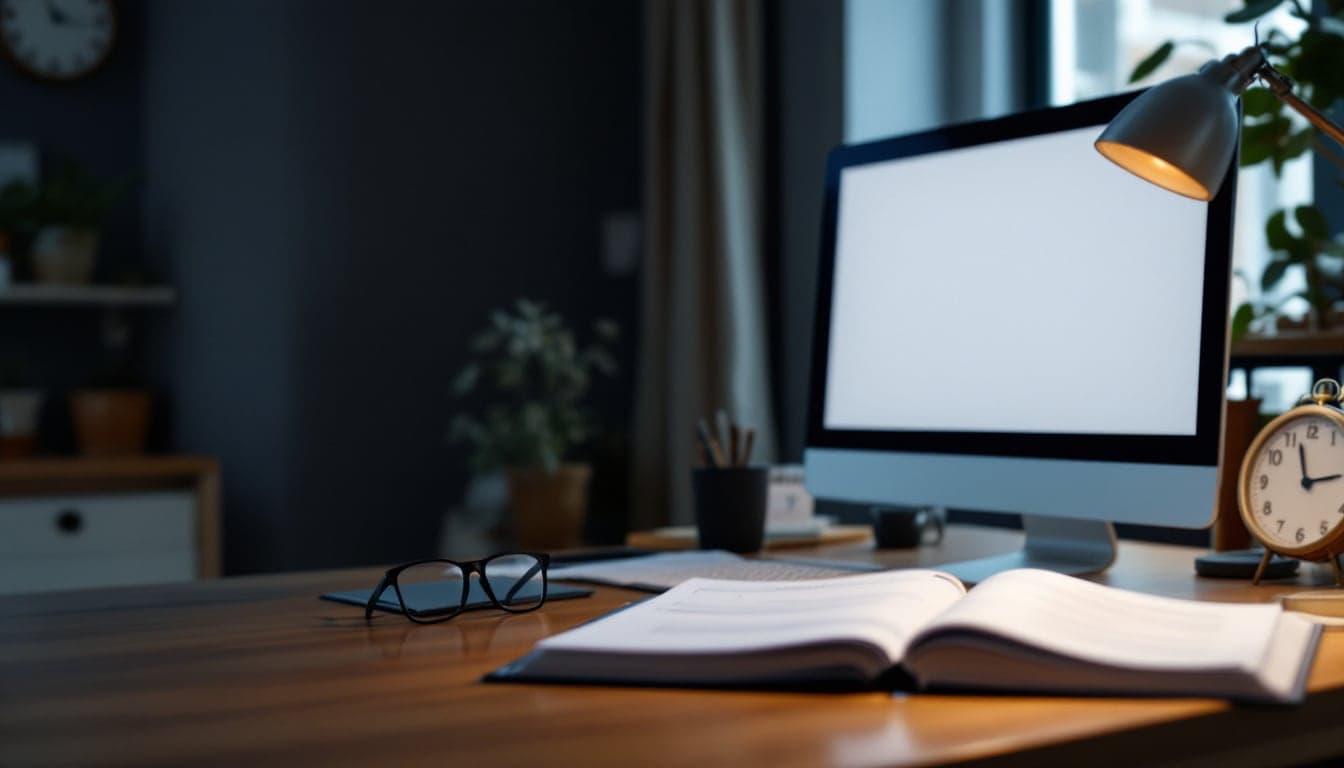 Loan-servicing operations floor in late-afternoon light: an agent in a headset at a desk with a blank monitor and a printed call schedule, a wall clock above the row of desks